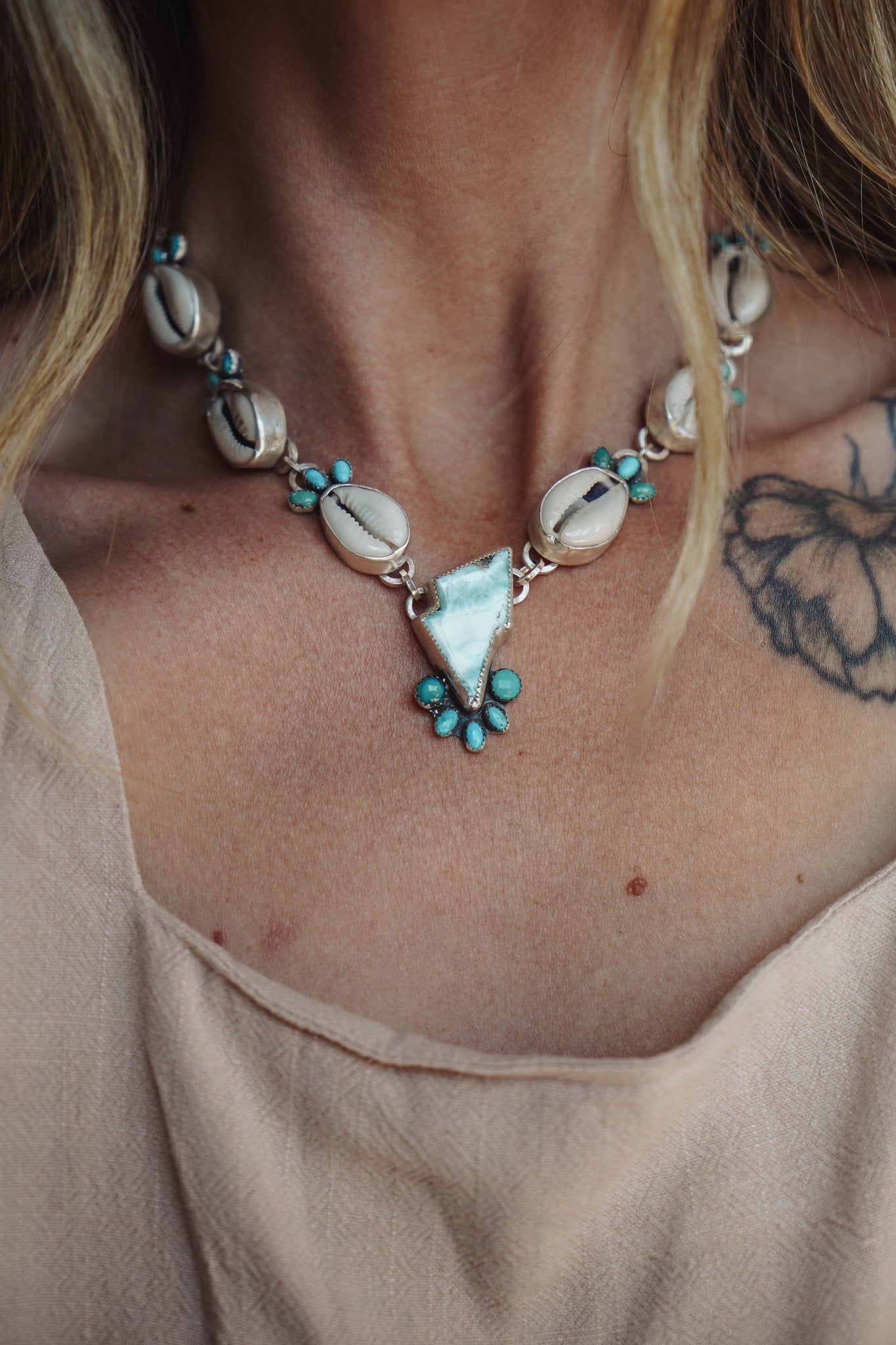The Charged Tide Necklace in Larimar, Lone Mtn Turquoise, & Cowrie Shell - Golden Road Crafted