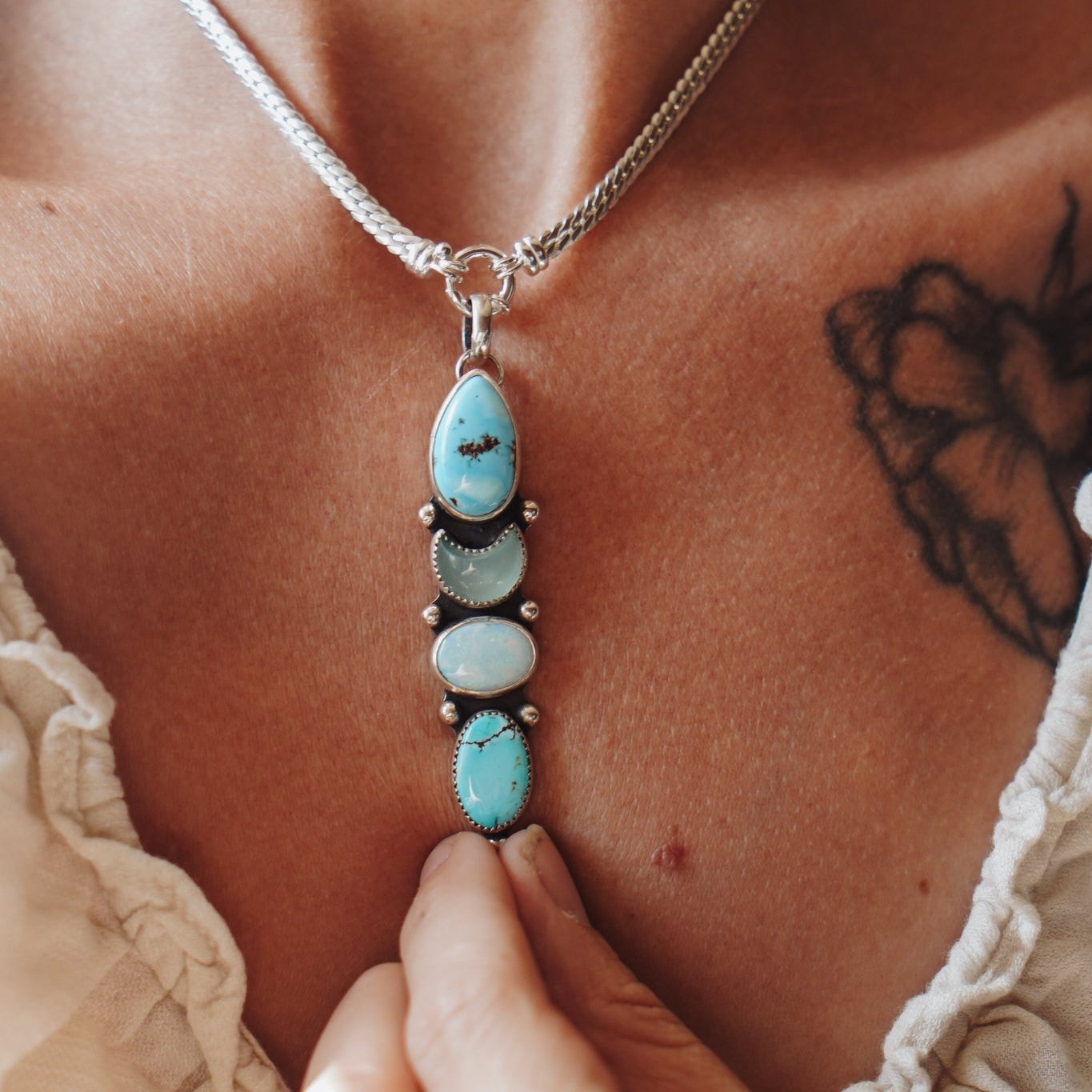 The Cosmic Cairn Choker in Golden Hills Turquoise, Quartz, & Sterling Opal - Golden Road Crafted
