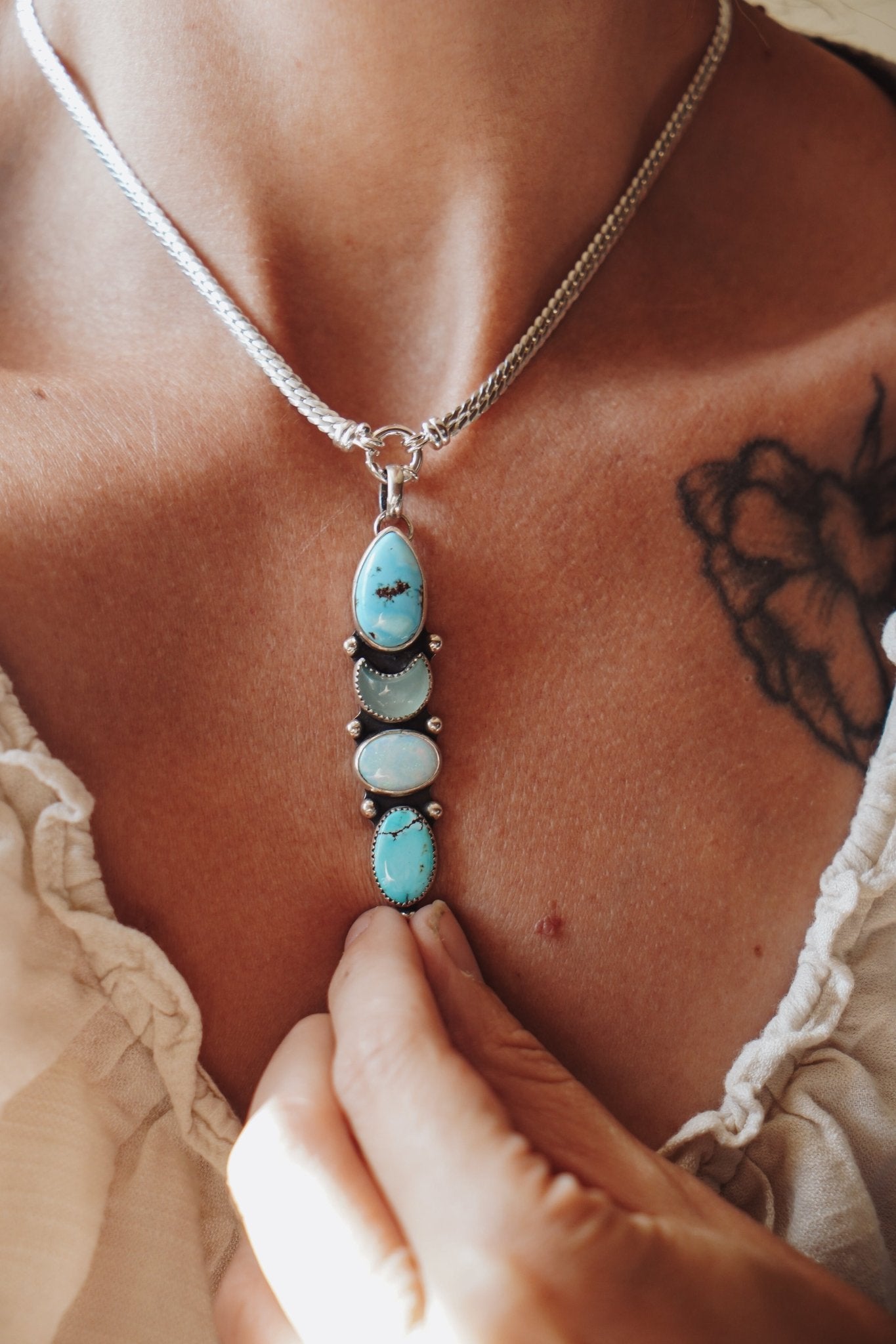 The Cosmic Cairn Choker in Golden Hills Turquoise, Quartz, & Sterling Opal - Golden Road Crafted