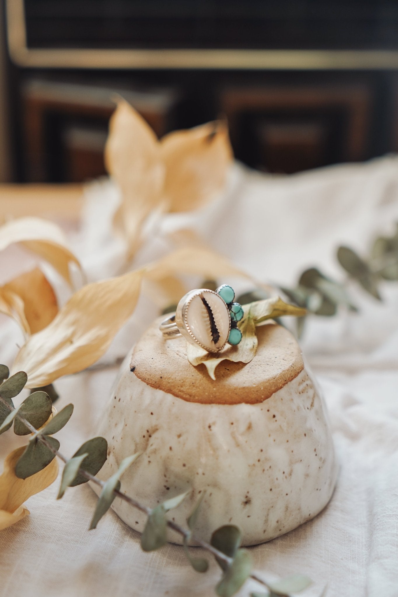 The Cowrie Cowgirl Ring w/ Hubei Turquoise (Size 6.75) - Golden Road Crafted