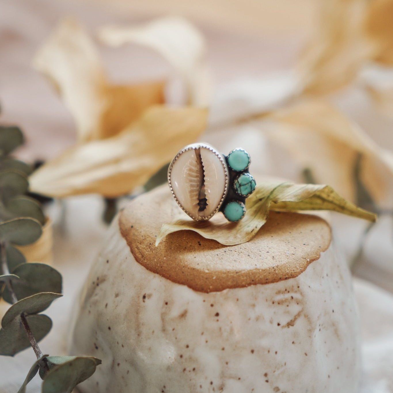 The Cowrie Cowgirl Ring w/ Hubei Turquoise (Size 6.75) - Golden Road Crafted