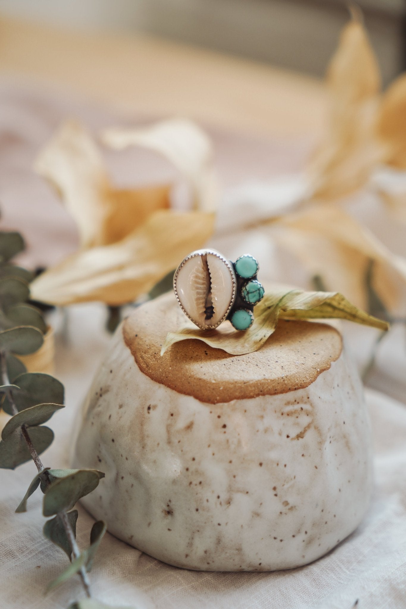 The Cowrie Cowgirl Ring w/ Hubei Turquoise (Size 6.75) - Golden Road Crafted