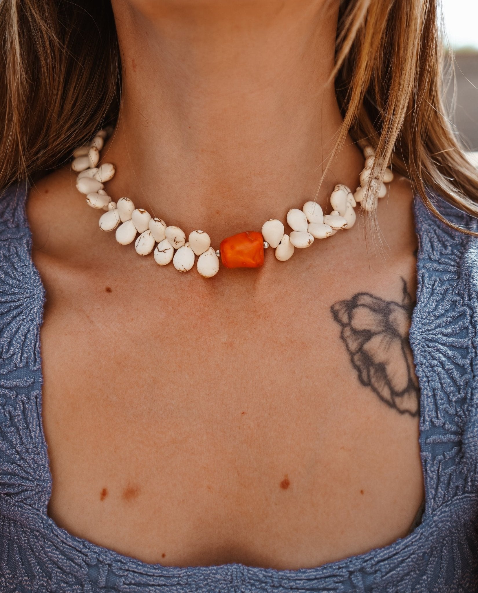 The Desert Dune Choker in Magnesite with Coral - Golden Road Crafted