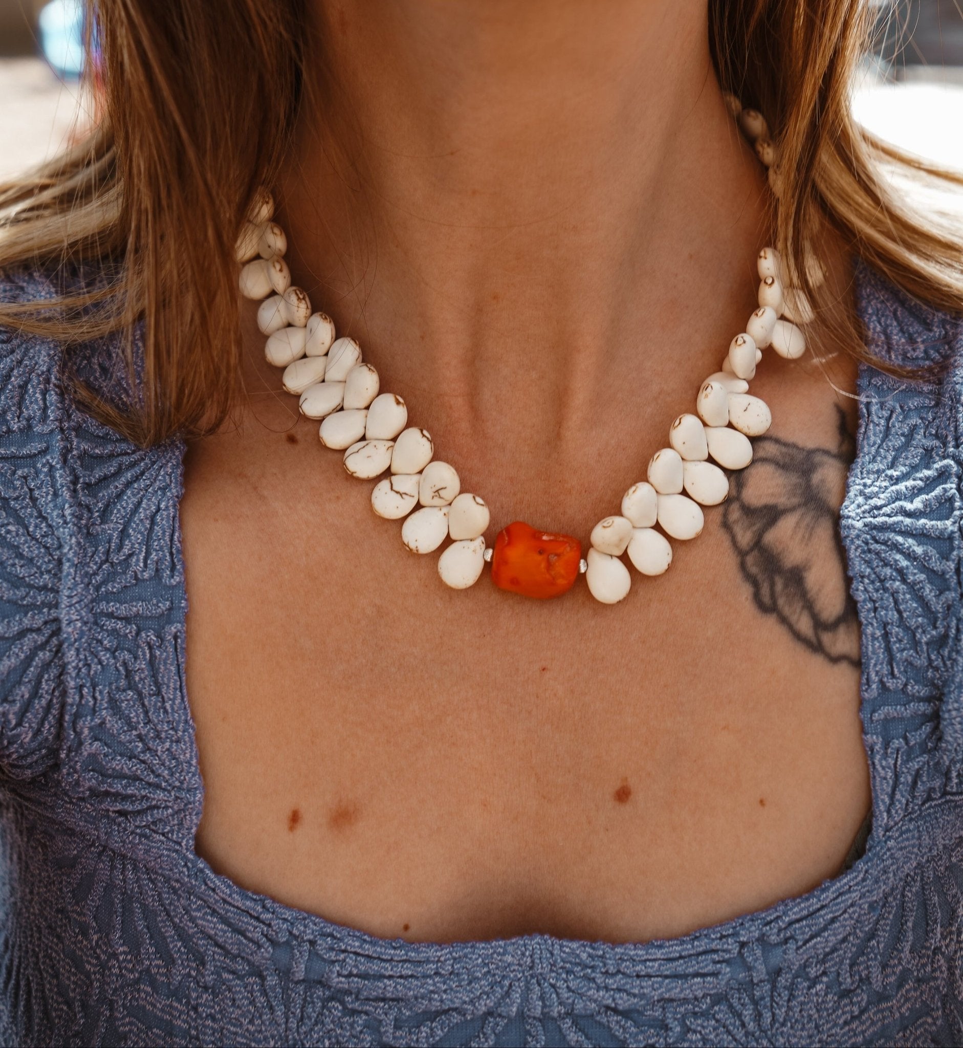 The Desert Dune Choker in Magnesite with Coral - Golden Road Crafted