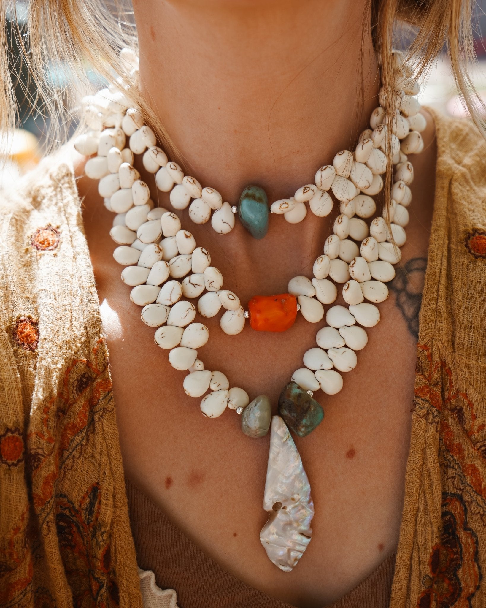 The Desert Dune Choker in Magnesite with Coral - Golden Road Crafted