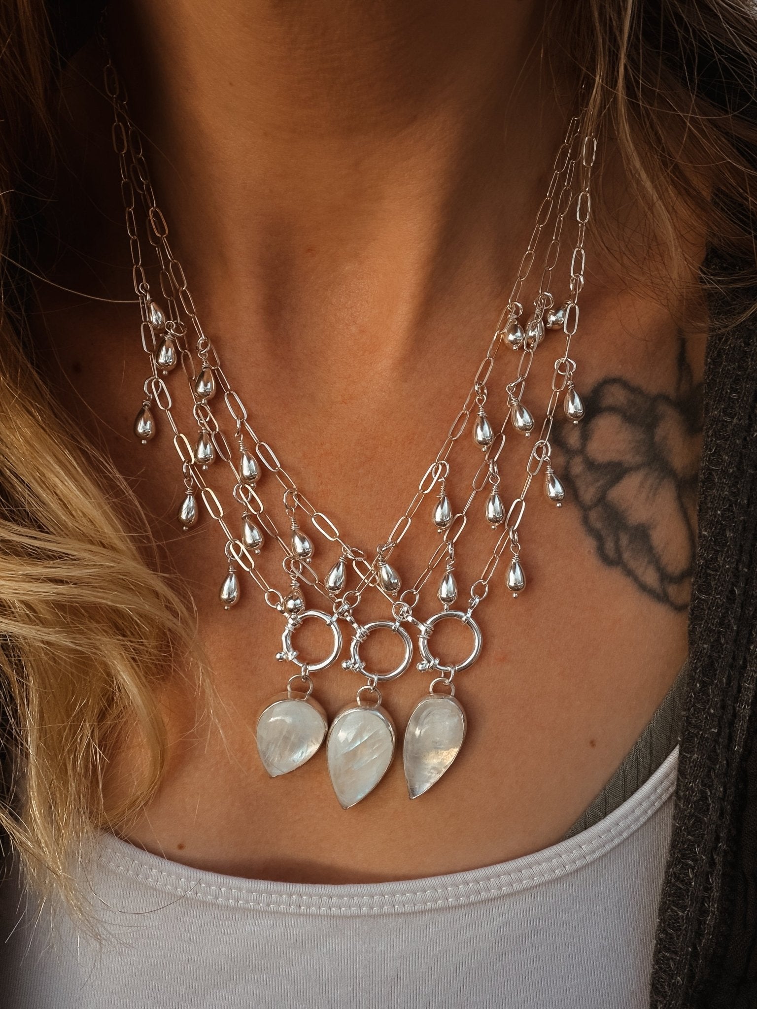 The Drippidy Drop Necklace in Rainbow Moonstone - Golden Road Crafted