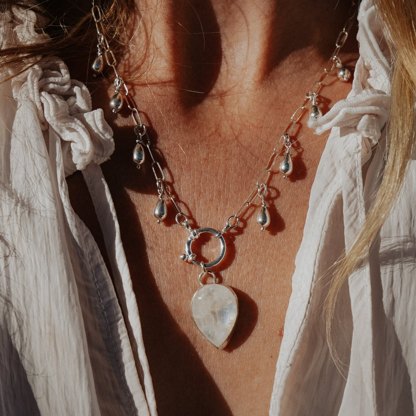 The Drippidy Drop Necklace in Rainbow Moonstone - Golden Road Crafted