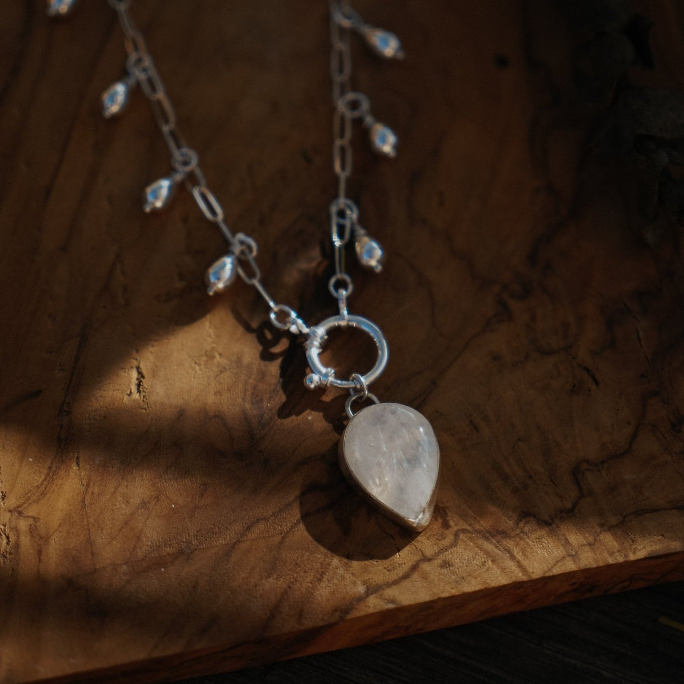 The Drippidy Drop Necklace in Rainbow Moonstone - Golden Road Crafted