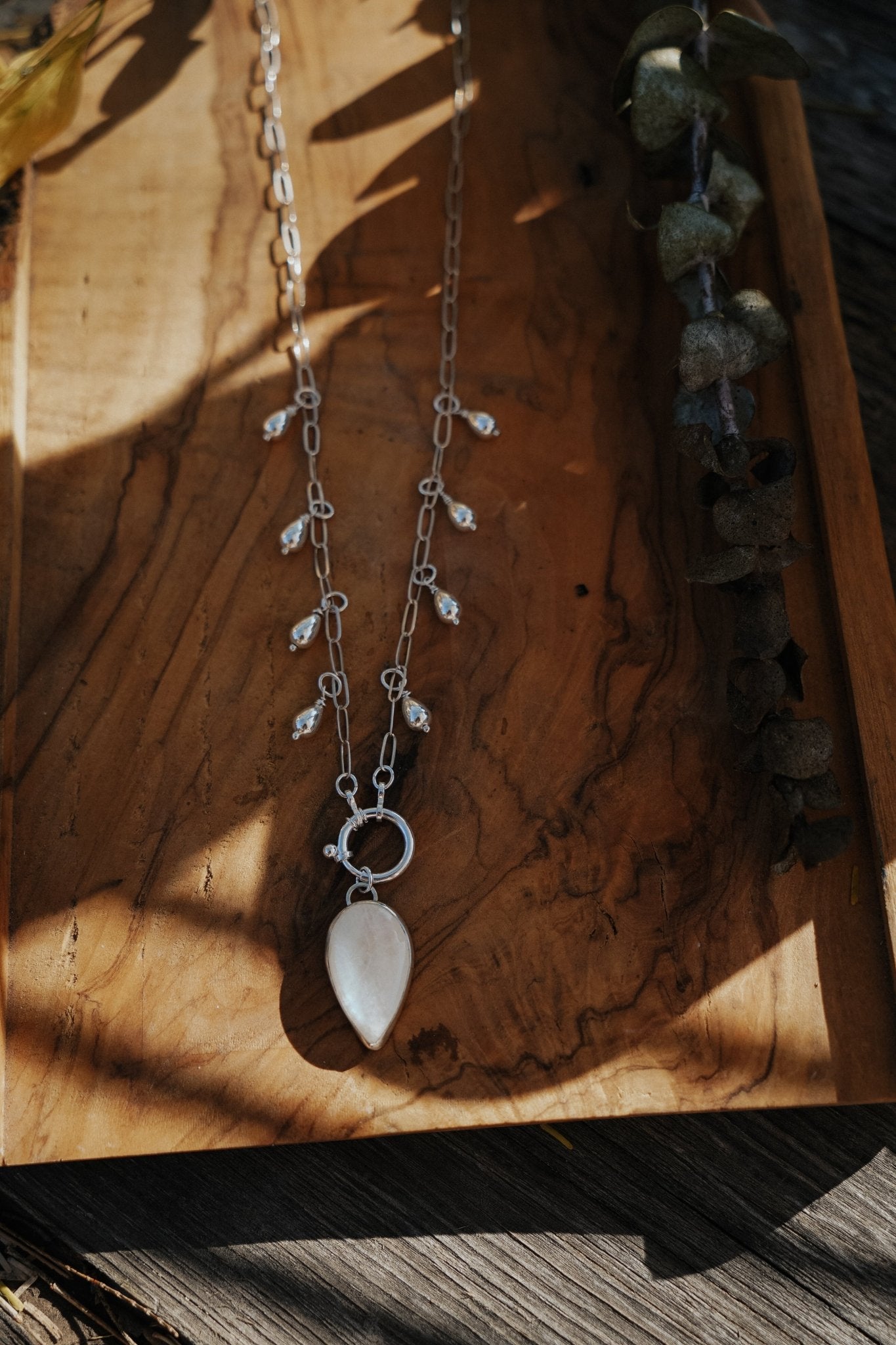 The Drippidy Drop Necklace in Rainbow Moonstone - Golden Road Crafted