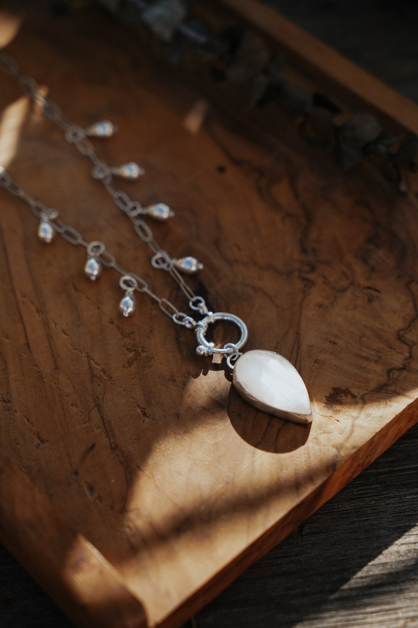 The Drippidy Drop Necklace in Rainbow Moonstone - Golden Road Crafted