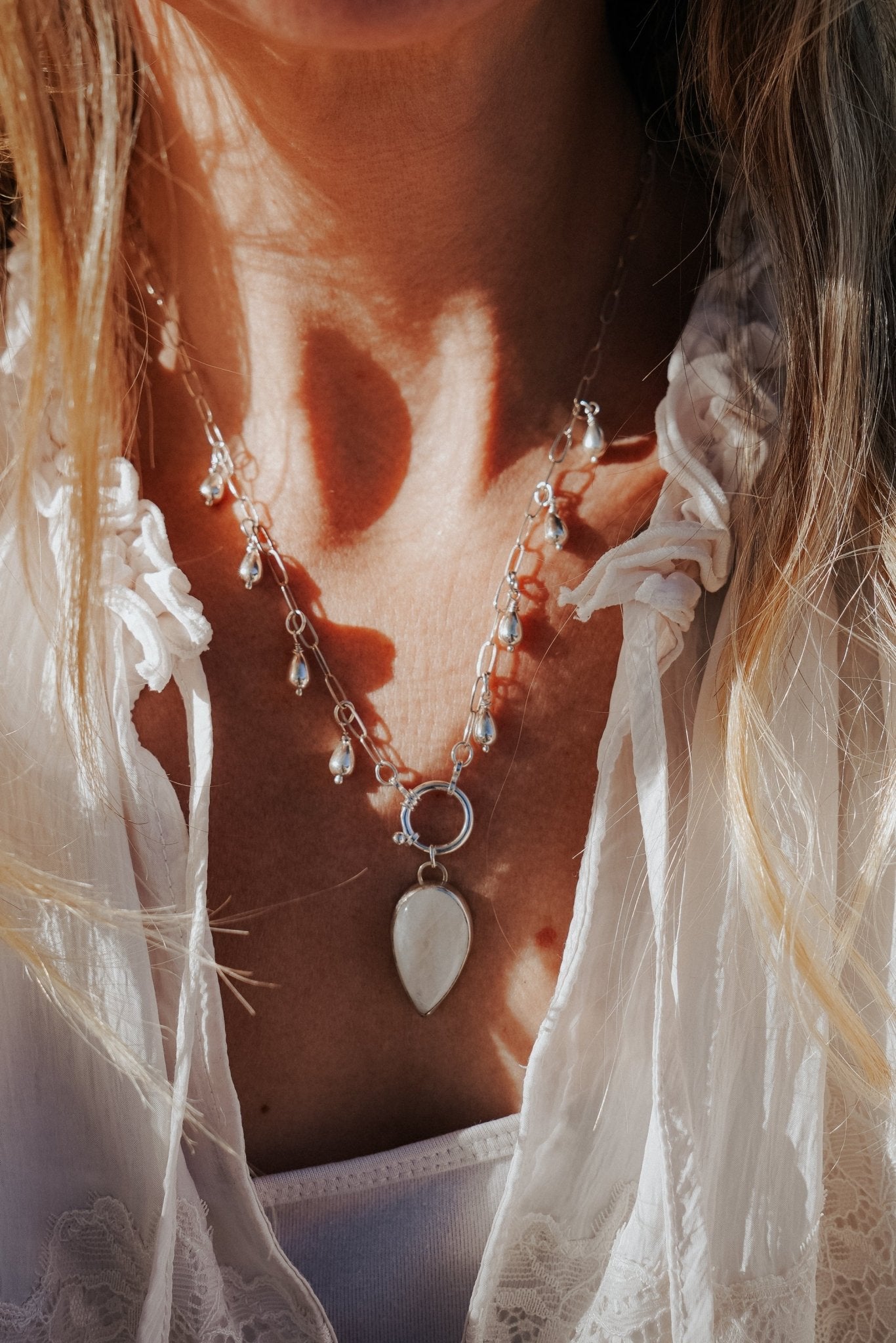 The Drippidy Drop Necklace in Rainbow Moonstone - Golden Road Crafted