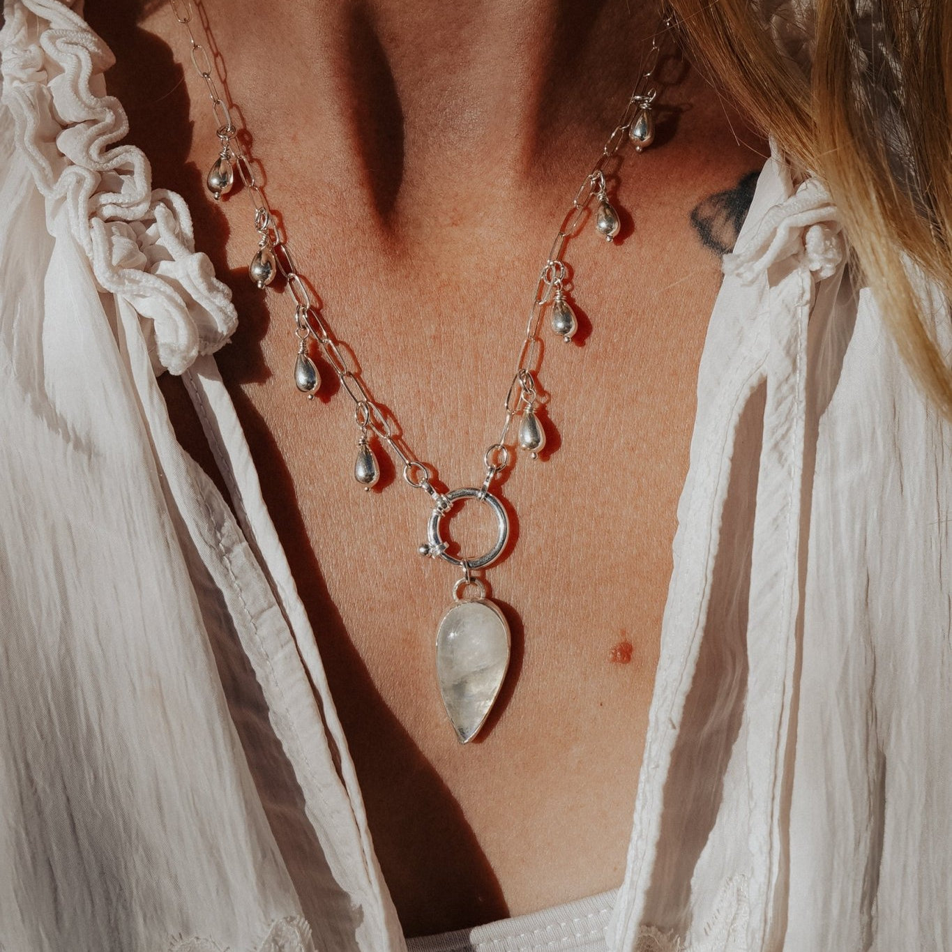 The Drippidy Drop Necklace in Rainbow Moonstone - Golden Road Crafted