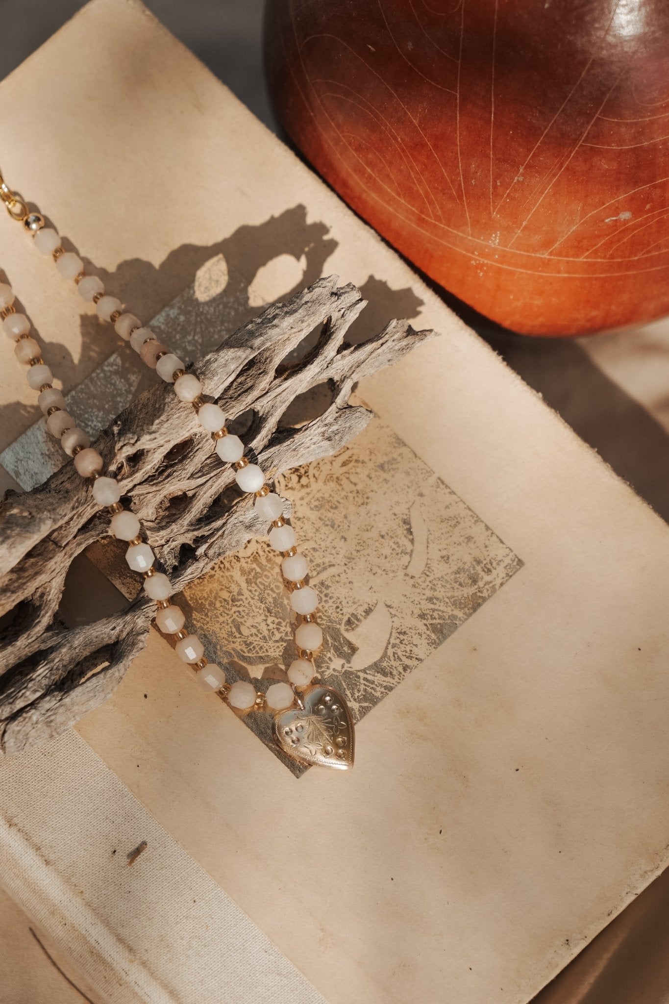 The Fancy Heart Necklace in 14k Gold - Fill w/ Peach Aquamarine Beads - Golden Road Crafted