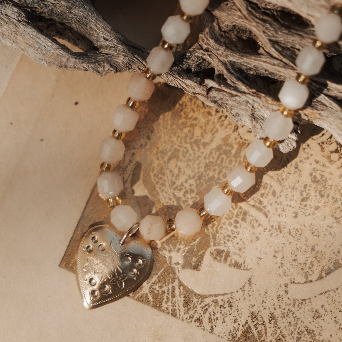 The Fancy Heart Necklace in 14k Gold - Fill w/ Peach Aquamarine Beads - Golden Road Crafted