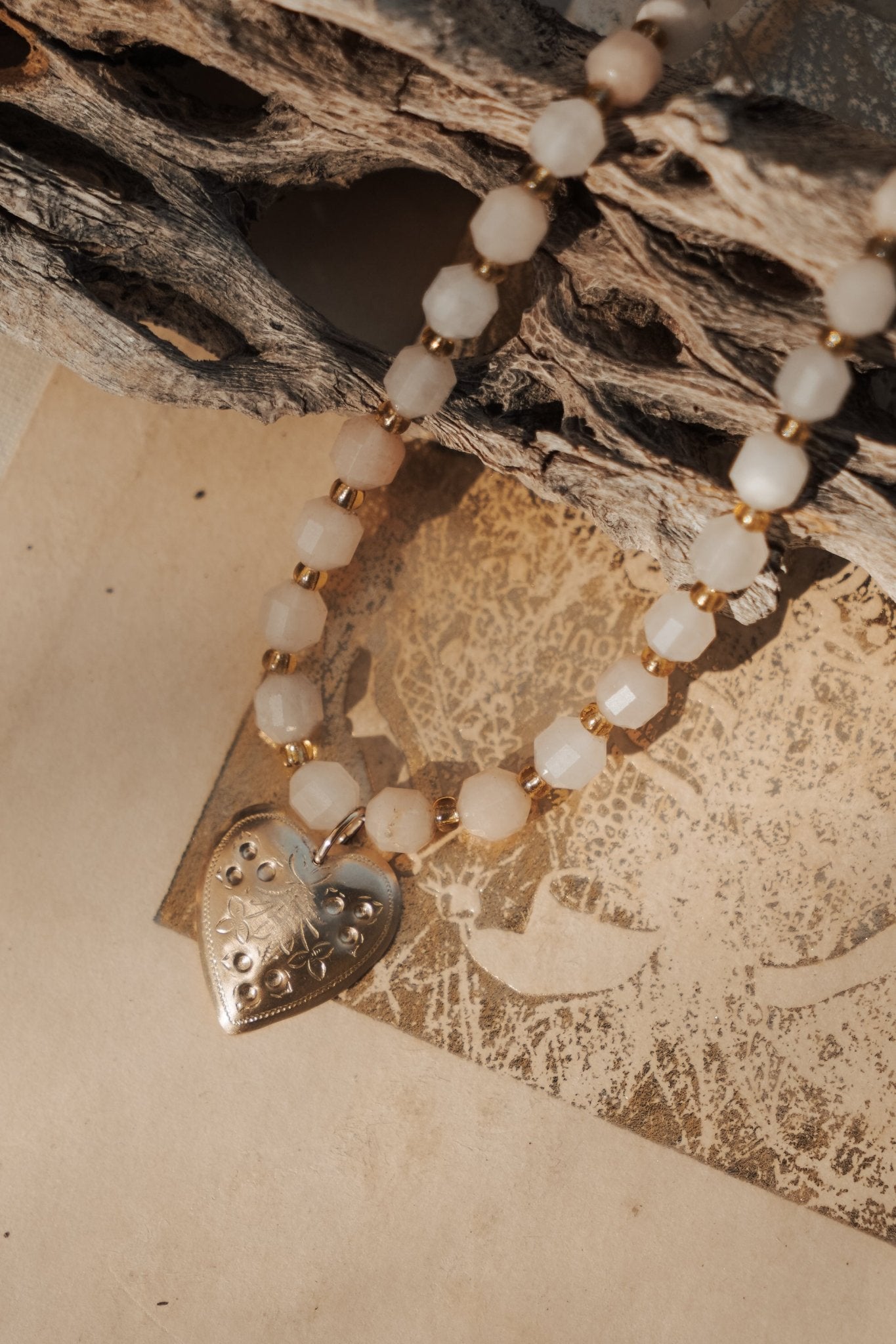 The Fancy Heart Necklace in 14k Gold - Fill w/ Peach Aquamarine Beads - Golden Road Crafted