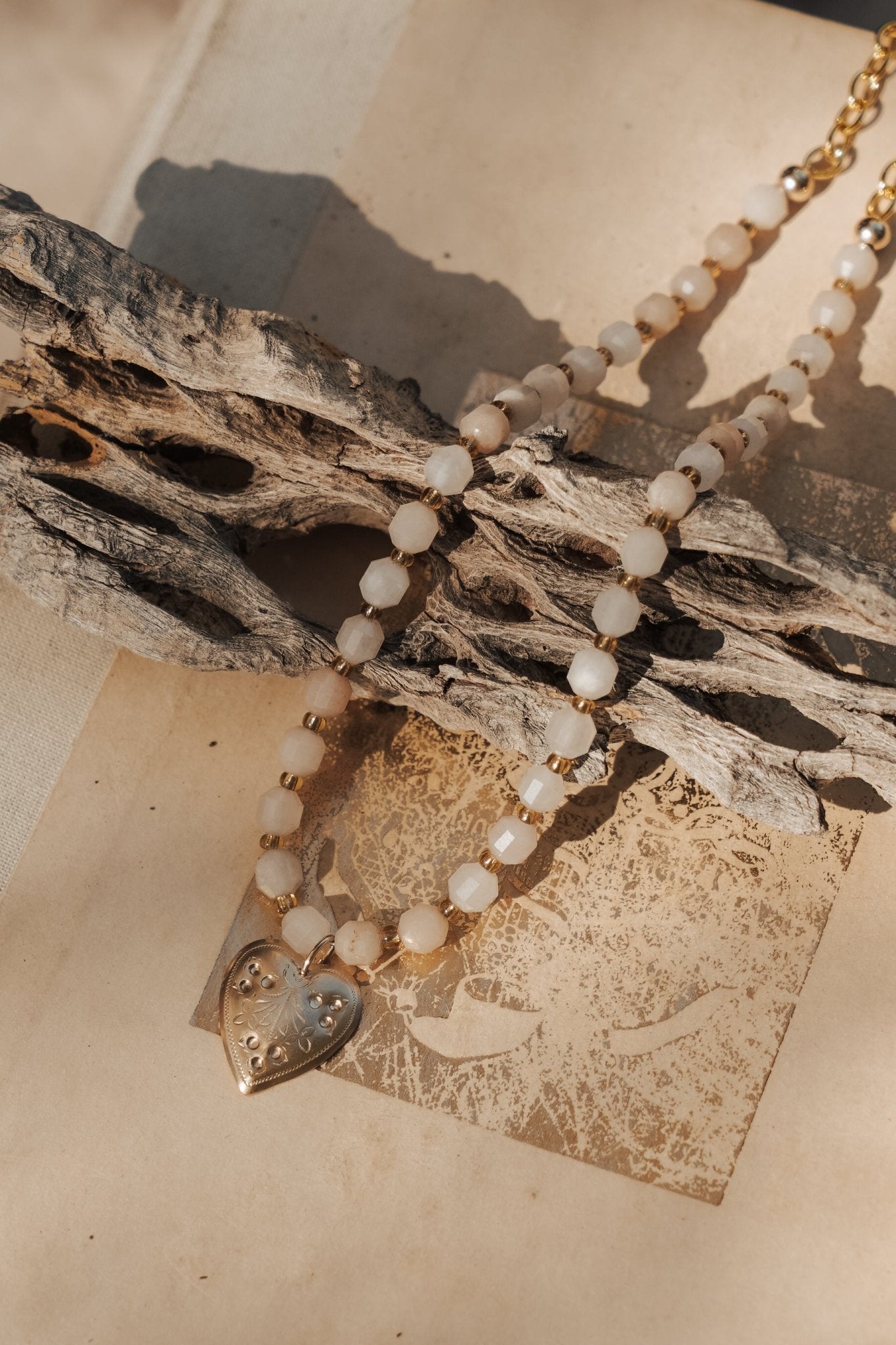 The Fancy Heart Necklace in 14k Gold - Fill w/ Peach Aquamarine Beads - Golden Road Crafted