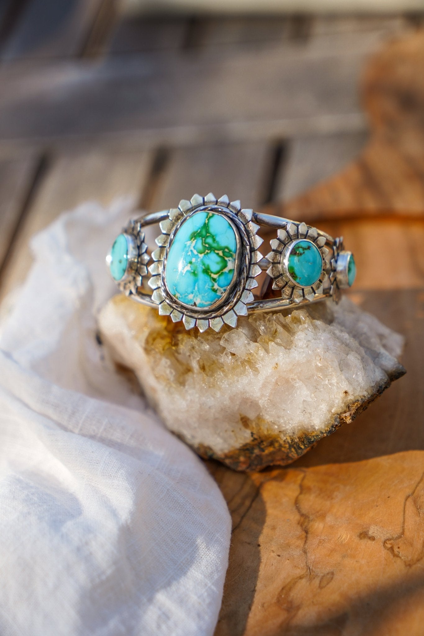 The Flora Cuff in Sonoran Mountain Turquoise - Golden Road Crafted