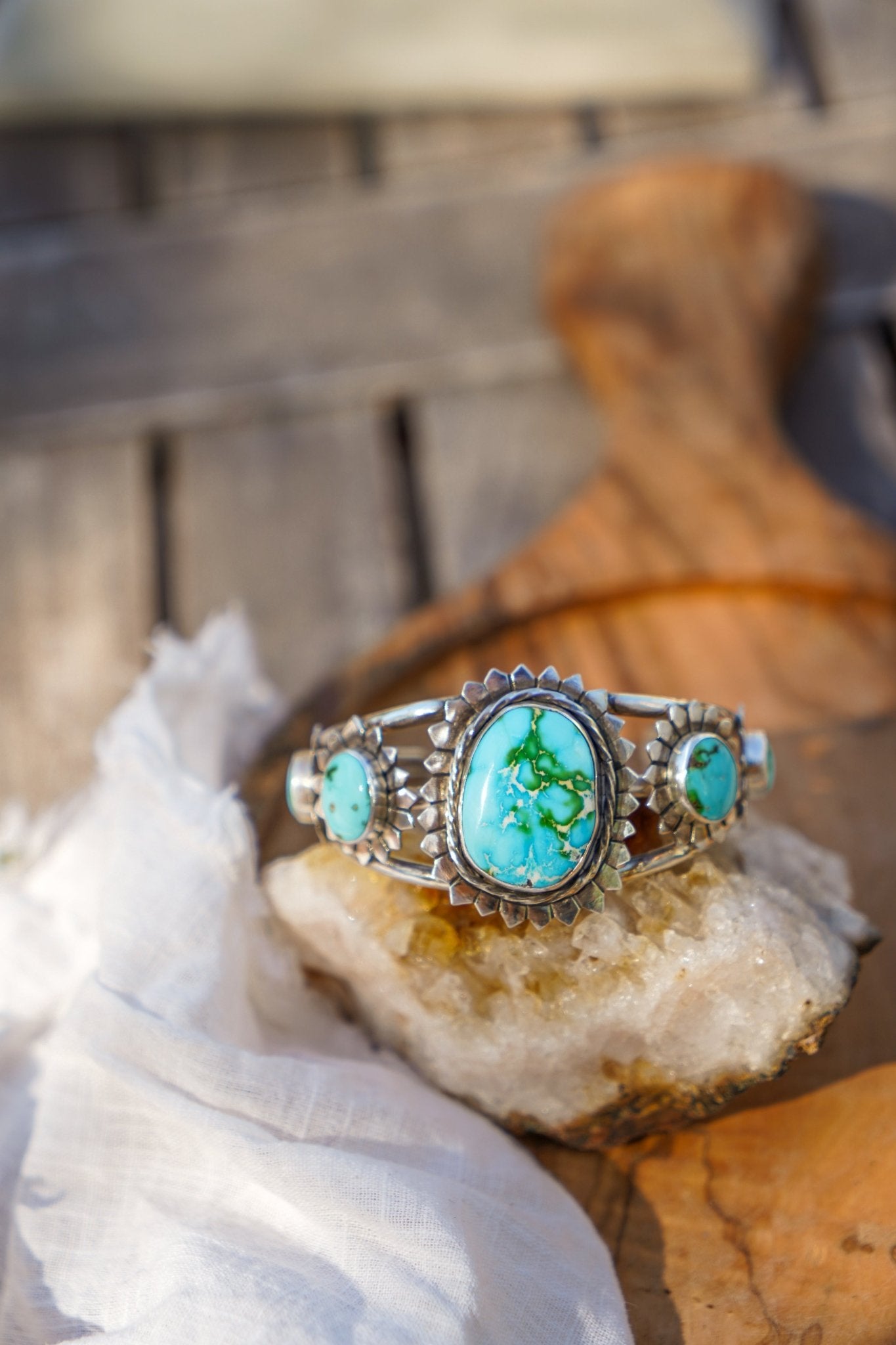 The Flora Cuff in Sonoran Mountain Turquoise - Golden Road Crafted