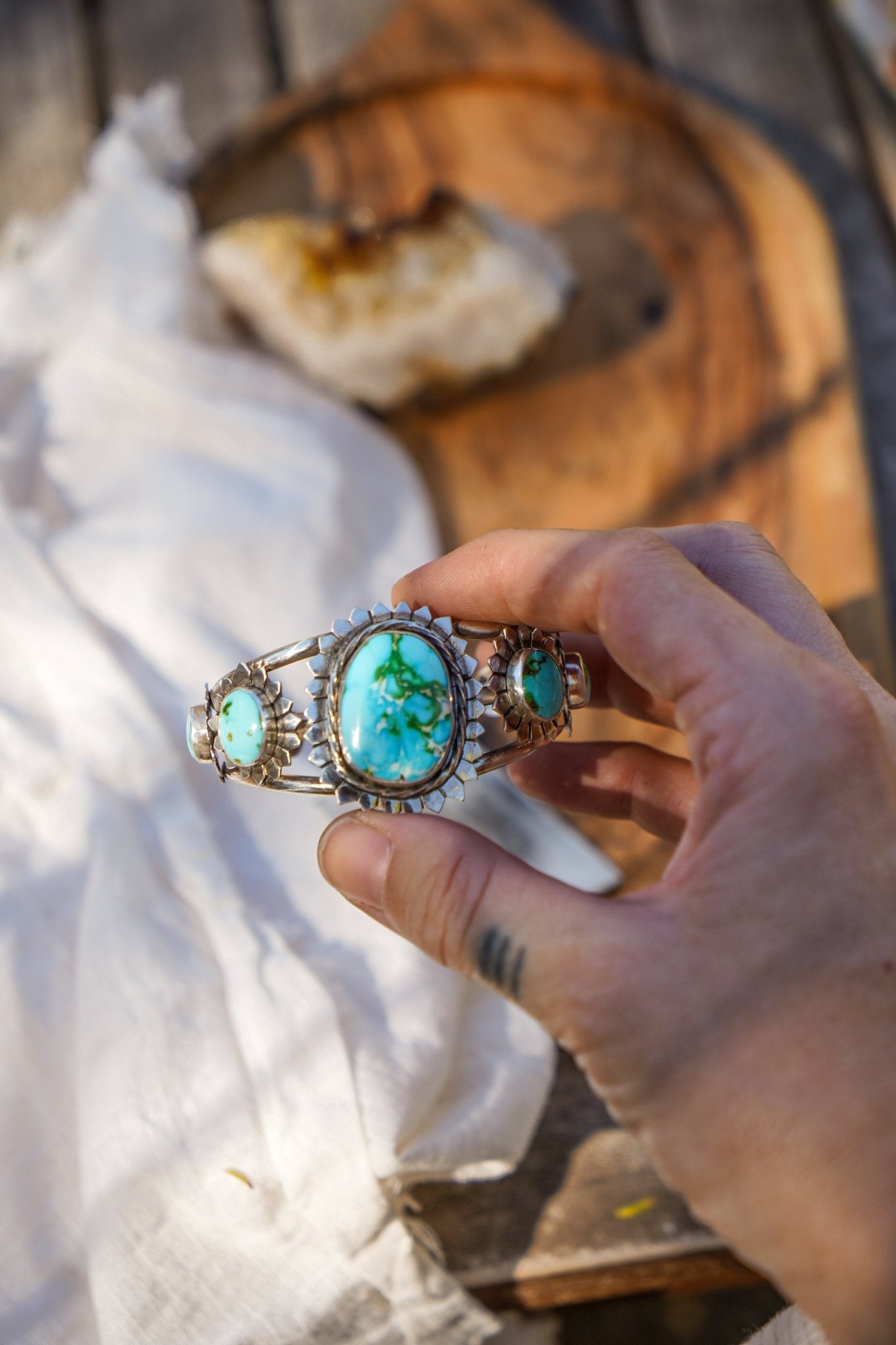 The Flora Cuff in Sonoran Mountain Turquoise - Golden Road Crafted