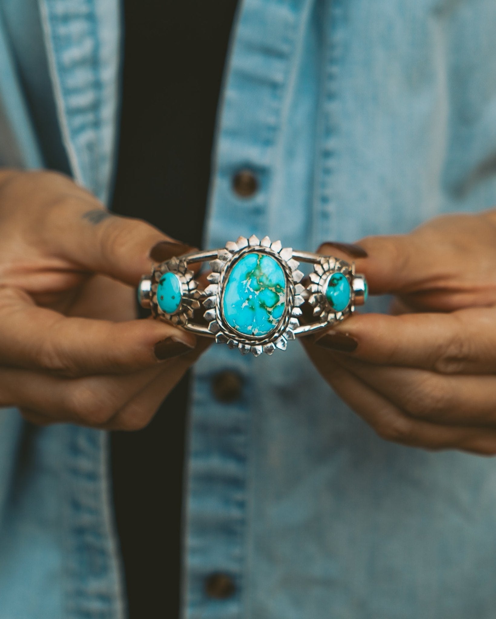 The Flora Cuff in Sonoran Mountain Turquoise - Golden Road Crafted