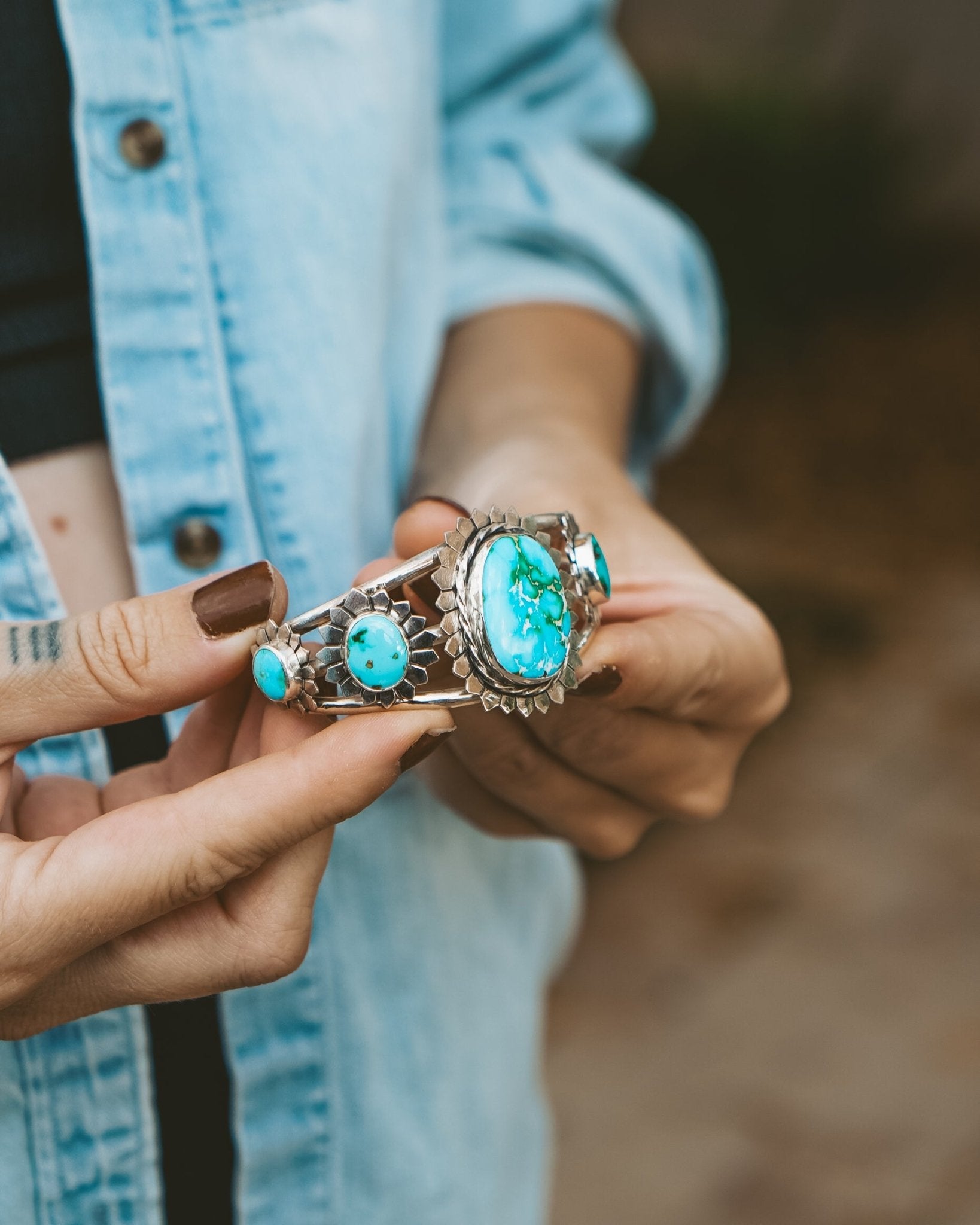 The Flora Cuff in Sonoran Mountain Turquoise - Golden Road Crafted
