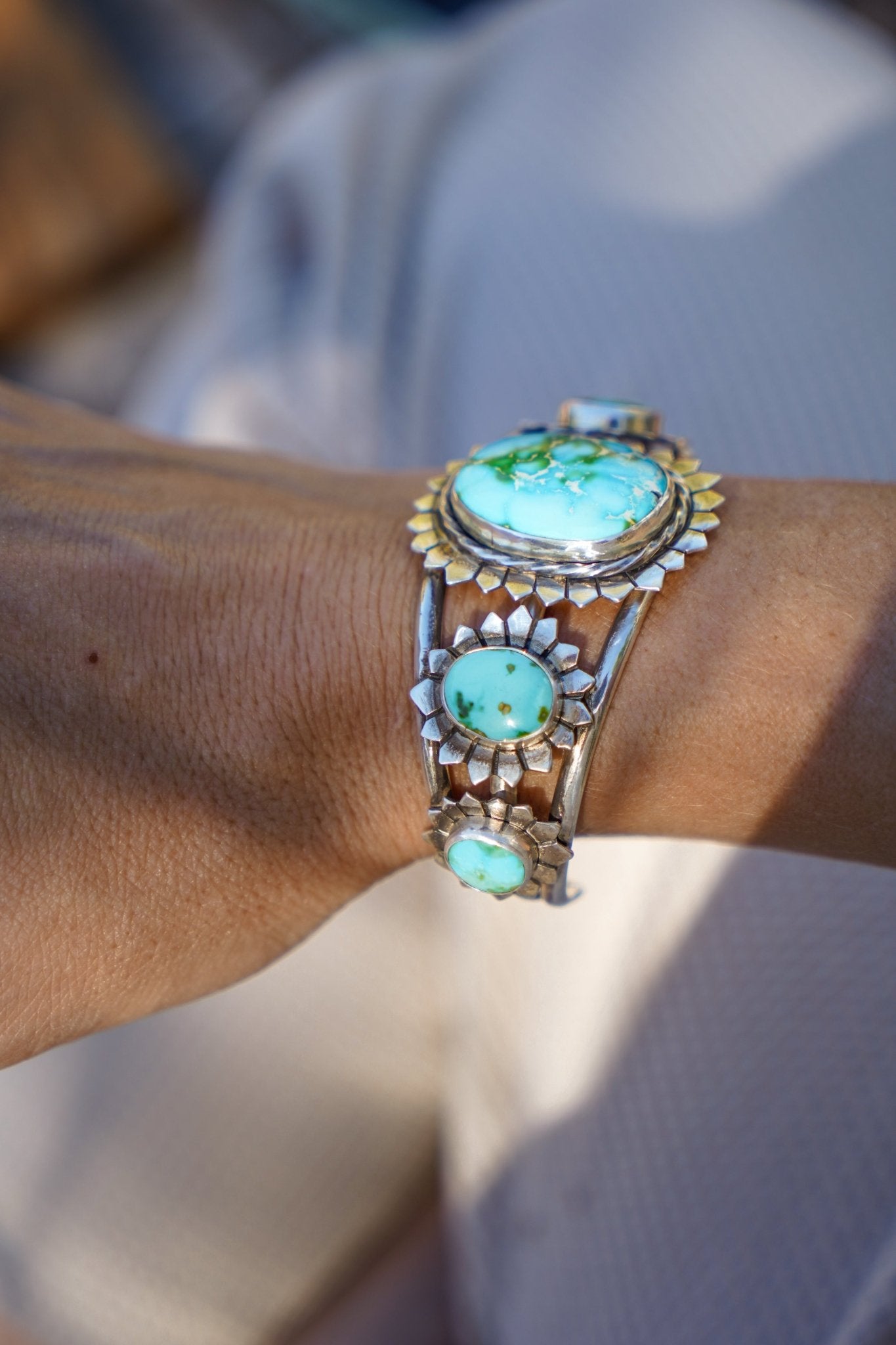 The Flora Cuff in Sonoran Mountain Turquoise - Golden Road Crafted