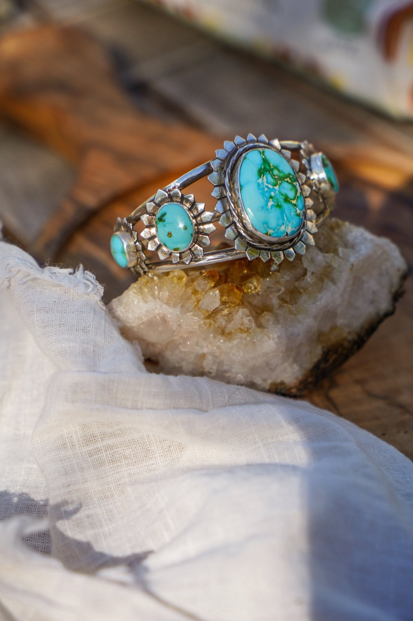 The Flora Cuff in Sonoran Mountain Turquoise - Golden Road Crafted