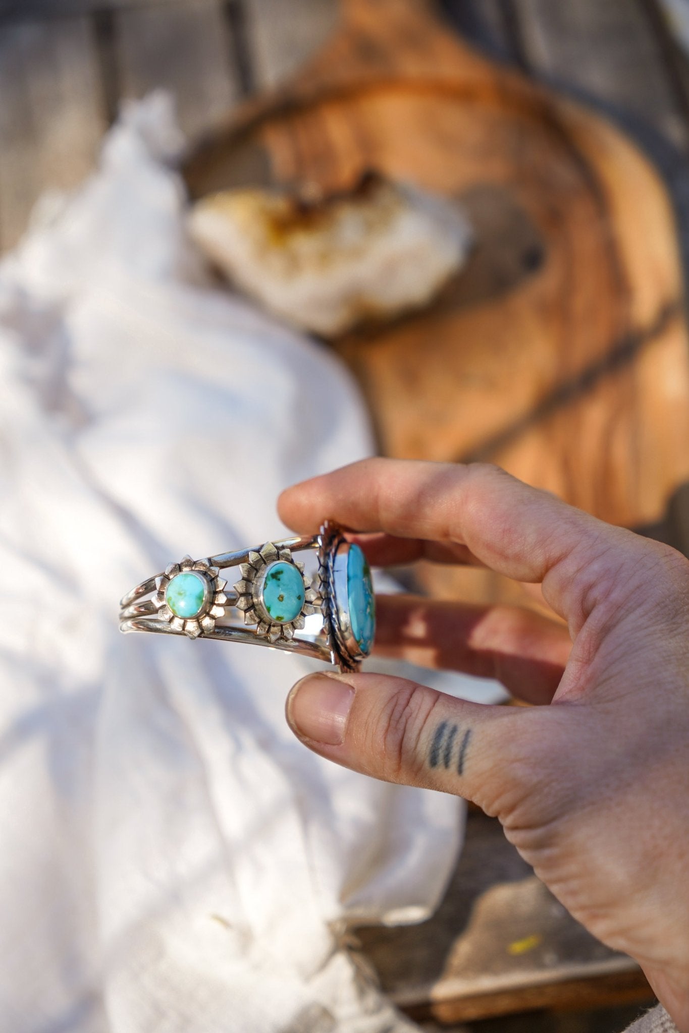The Flora Cuff in Sonoran Mountain Turquoise - Golden Road Crafted