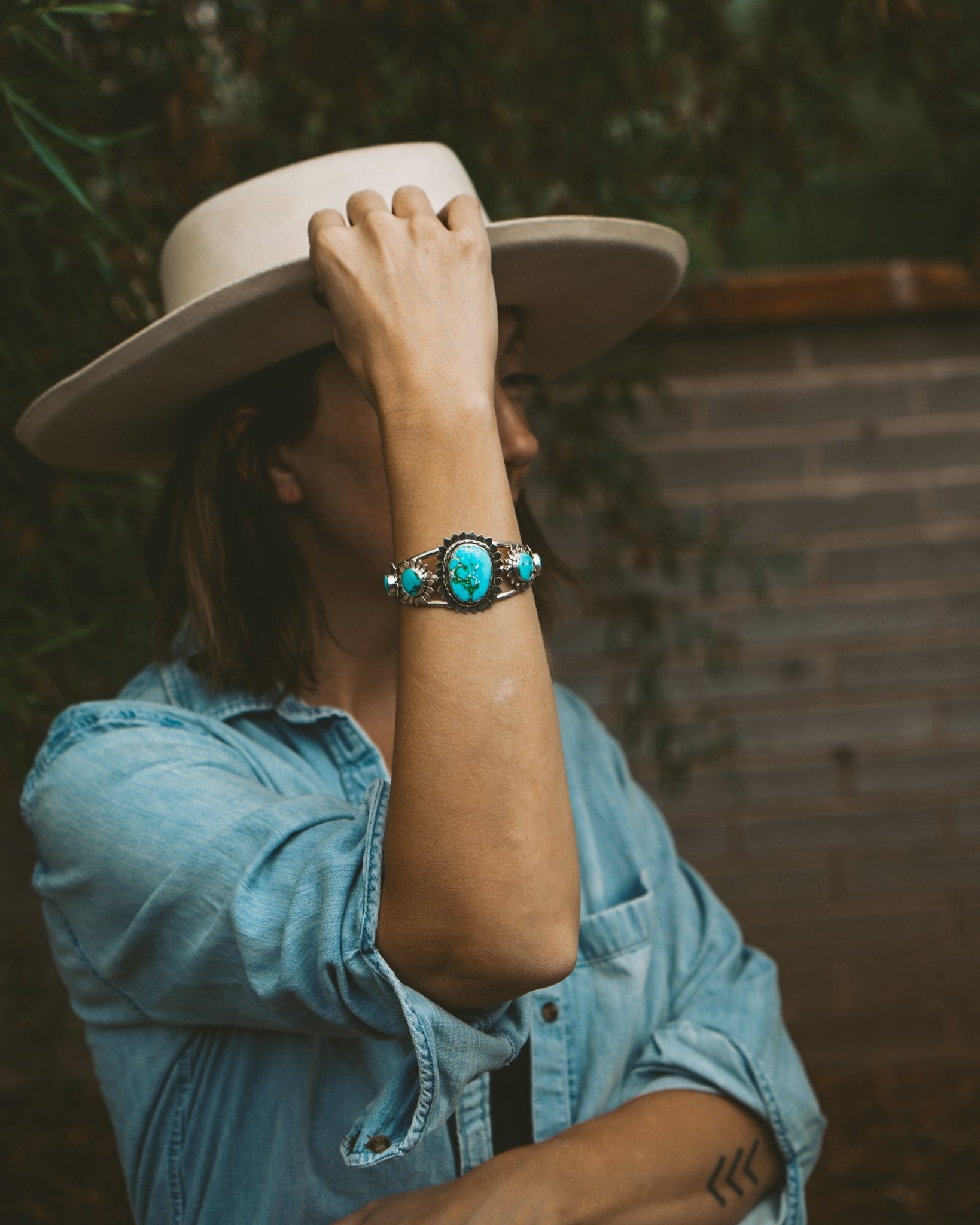 The Flora Cuff in Sonoran Mountain Turquoise - Golden Road Crafted