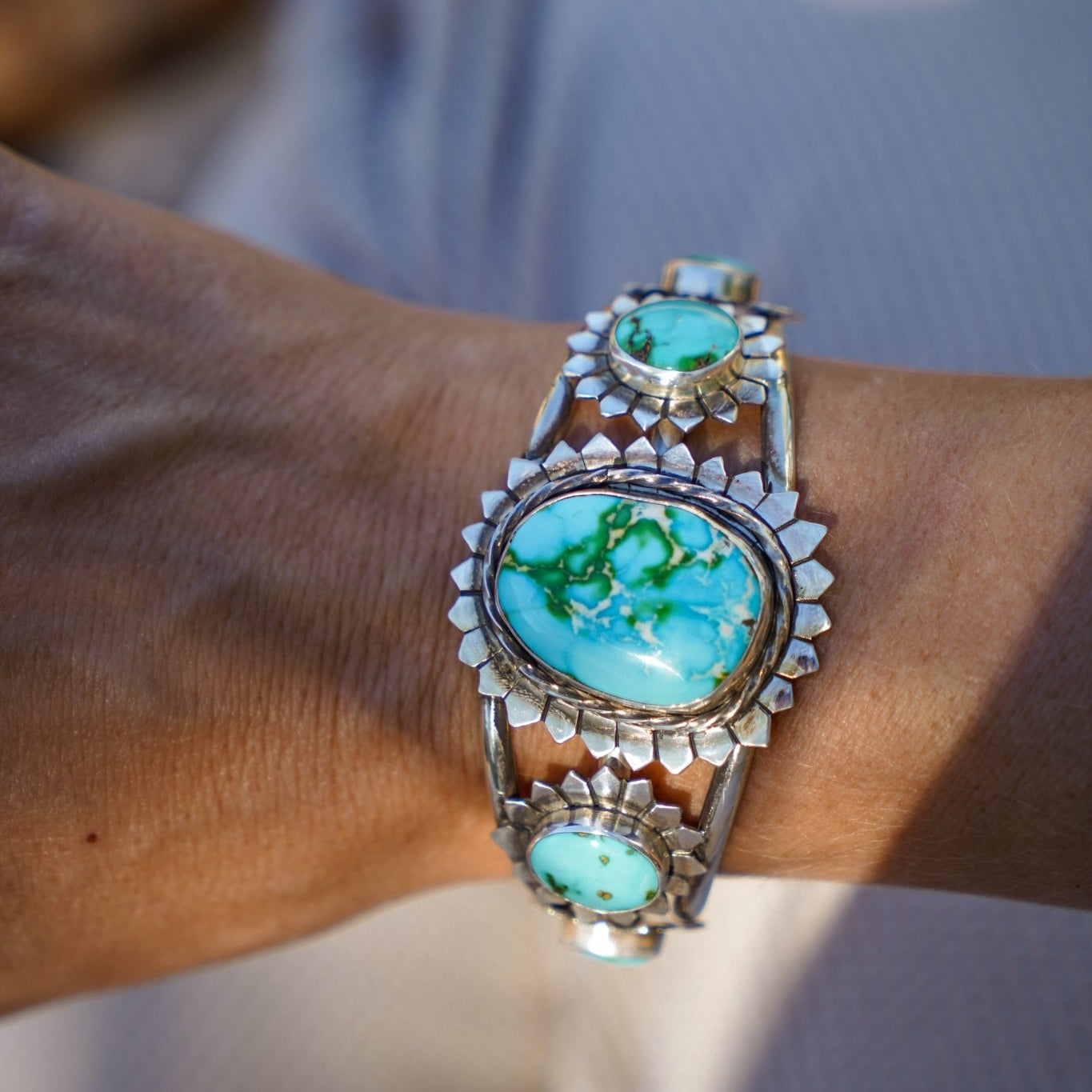 The Flora Cuff in Sonoran Mountain Turquoise - Golden Road Crafted
