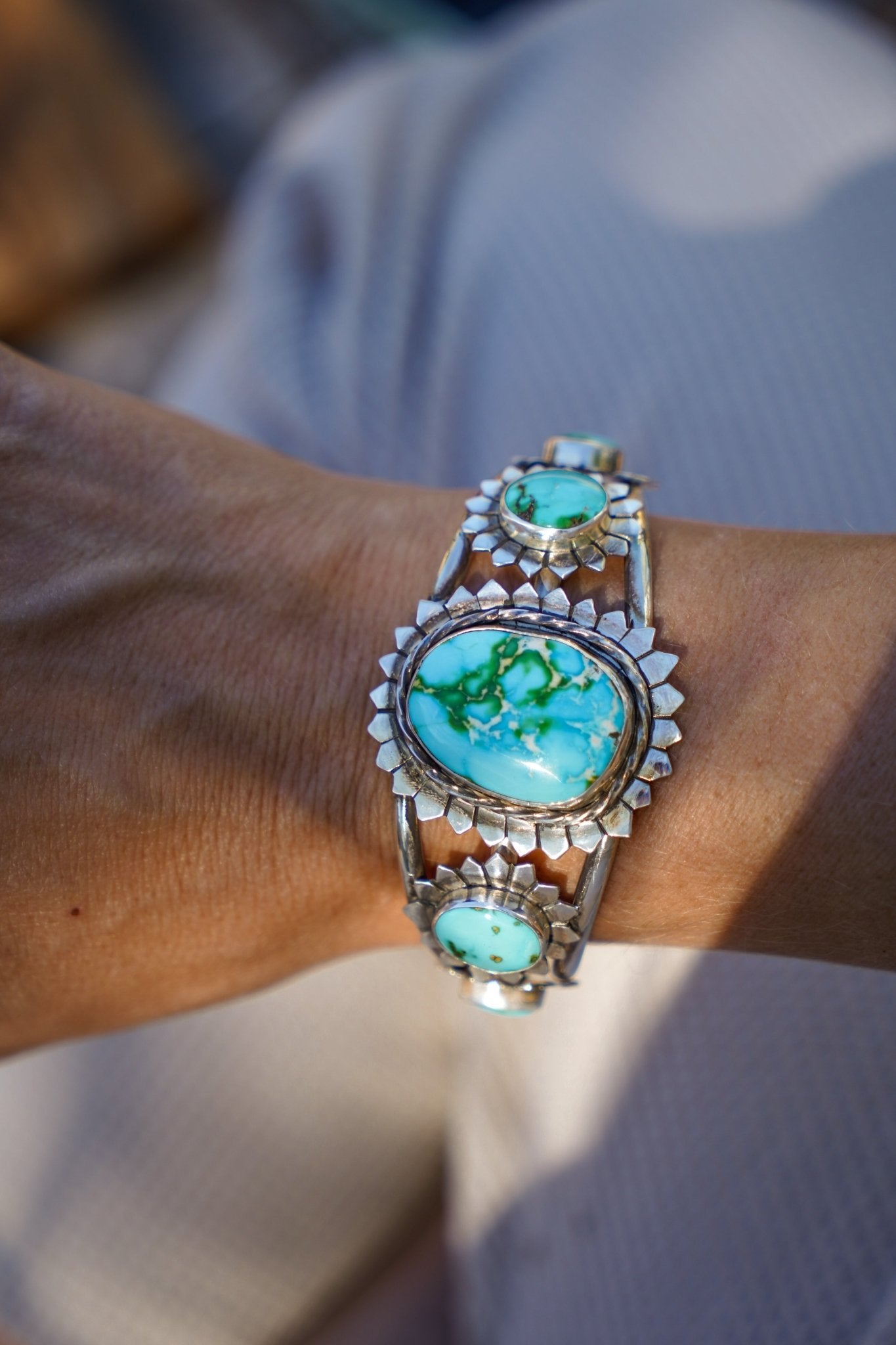 The Flora Cuff in Sonoran Mountain Turquoise - Golden Road Crafted