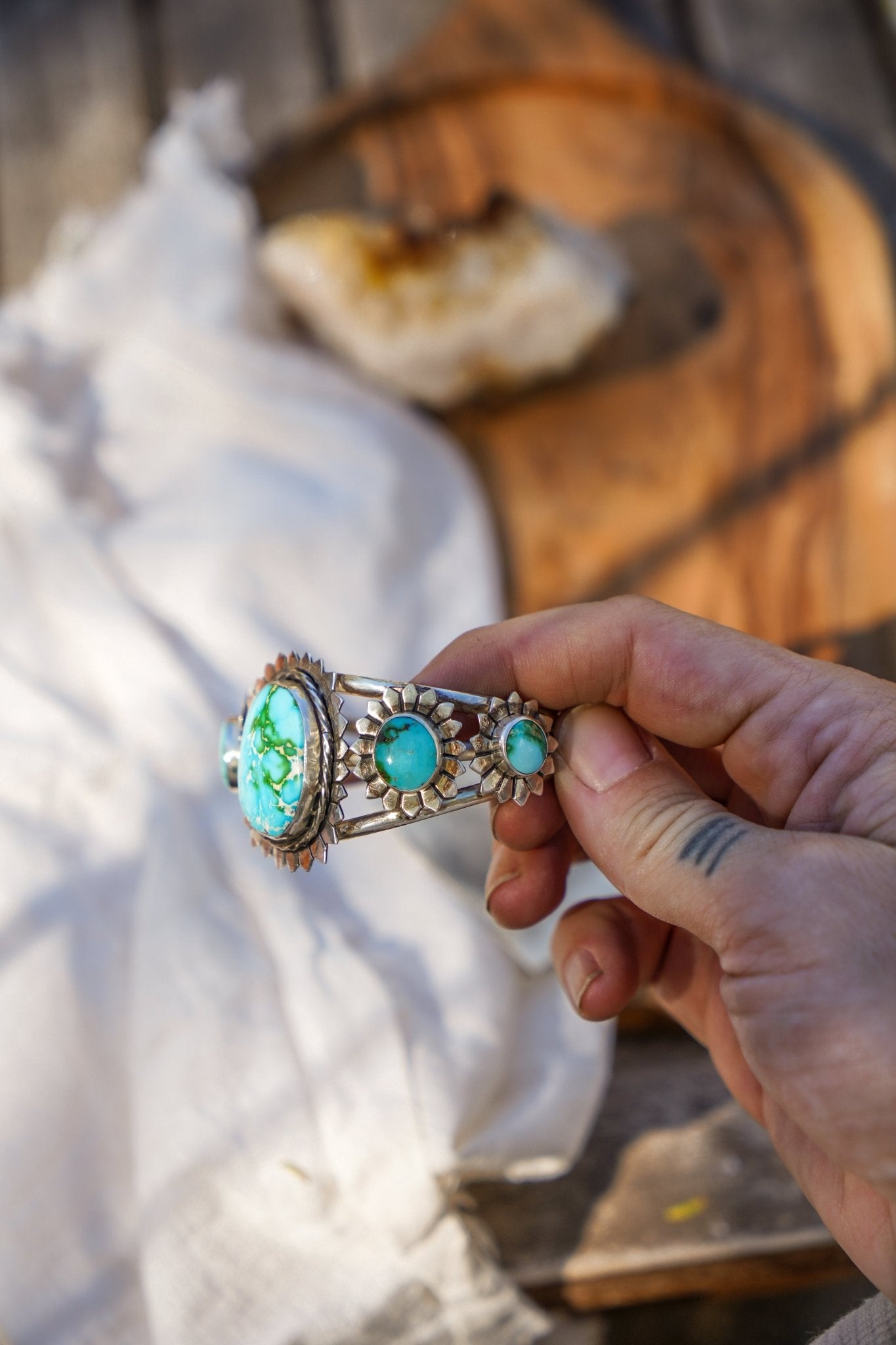 The Flora Cuff in Sonoran Mountain Turquoise - Golden Road Crafted