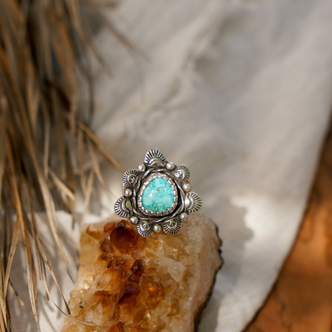 The Flora Ring in Sonoran Mountain Turquoise (Size 6.75) - Golden Road Crafted