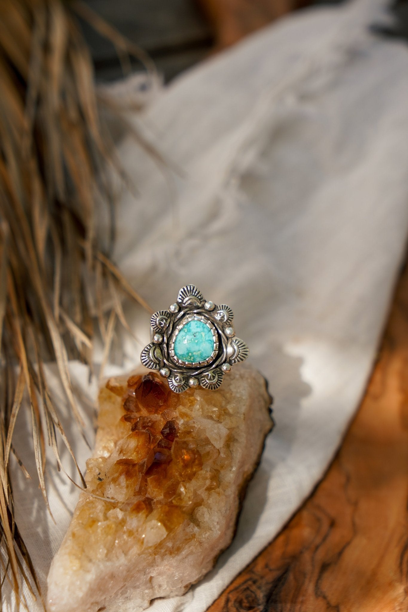 The Flora Ring in Sonoran Mountain Turquoise (Size 6.75) - Golden Road Crafted