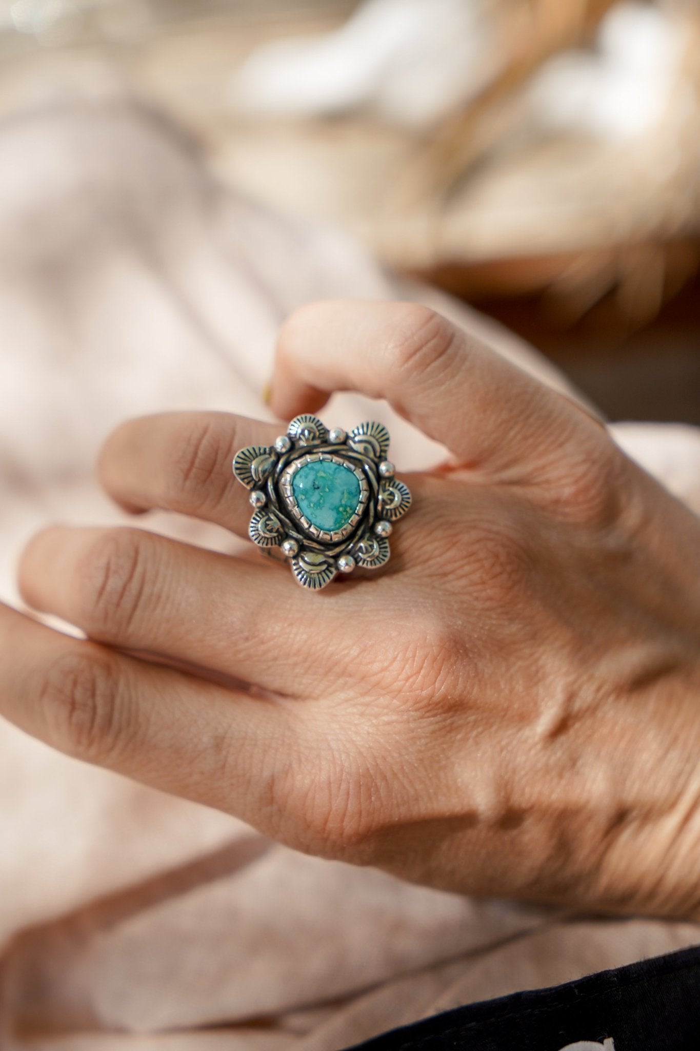 The Flora Ring in Sonoran Mountain Turquoise (Size 6.75) - Golden Road Crafted