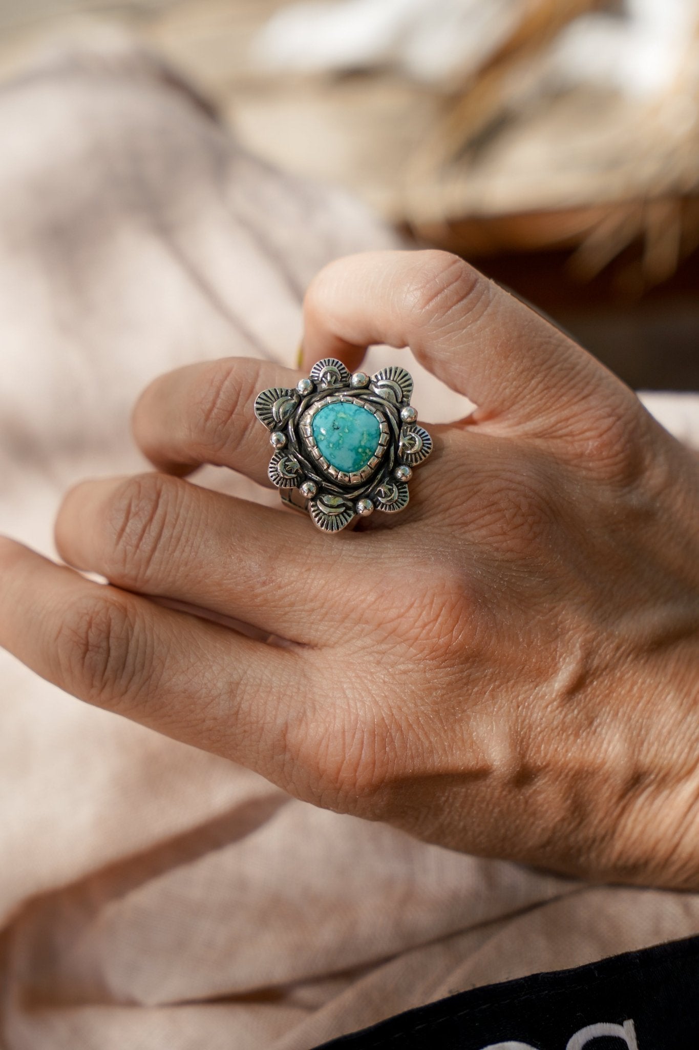 The Flora Ring in Sonoran Mountain Turquoise (Size 6.75) - Golden Road Crafted