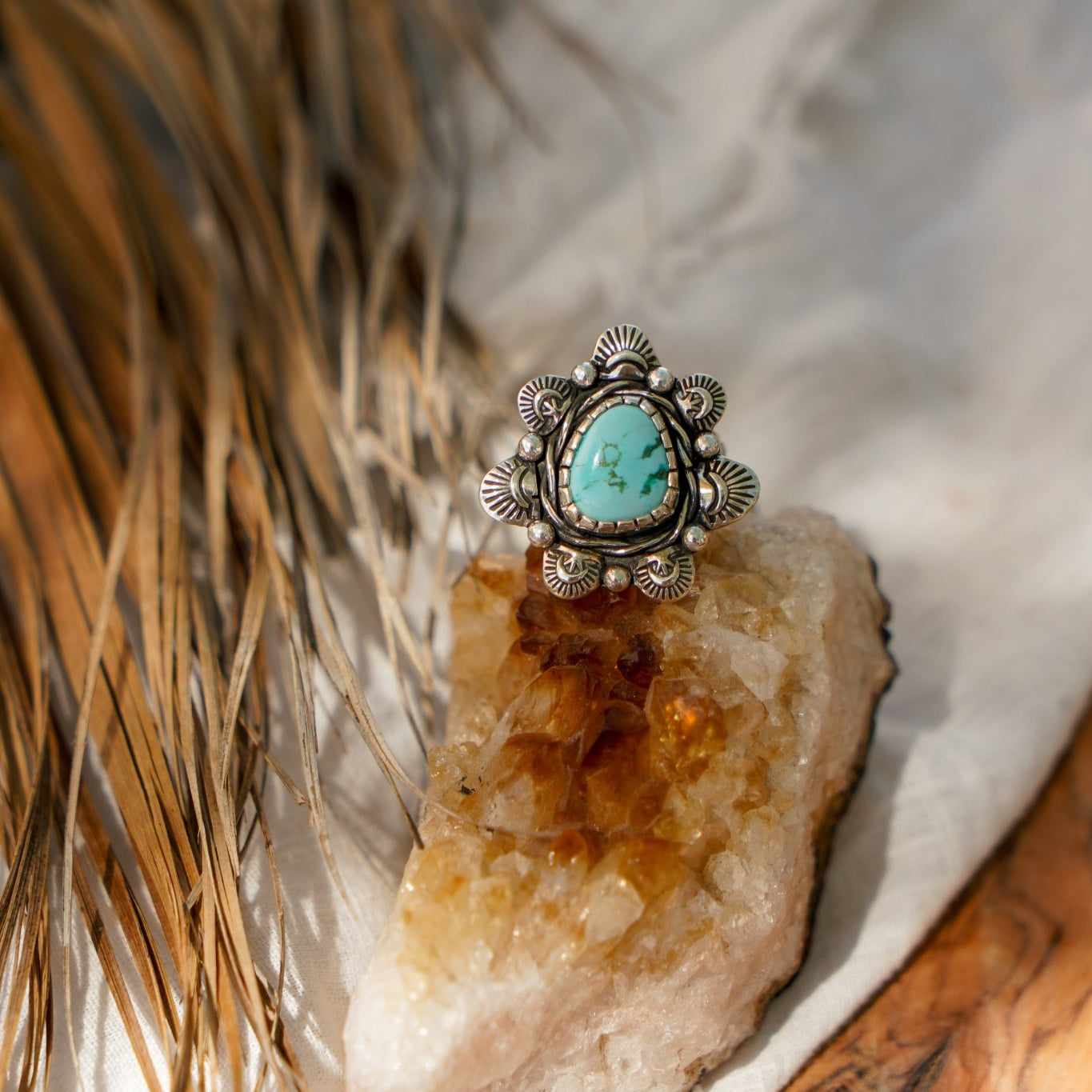 The Flora Ring in Sonoran Mountain Turquoise (Size 7.75) - Golden Road Crafted
