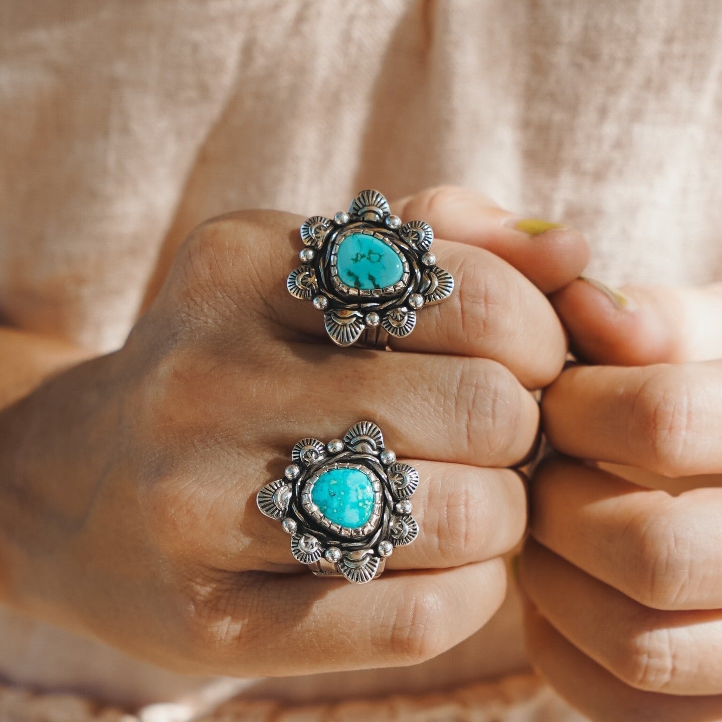The Flora Ring in Sonoran Mountain Turquoise (Size 7.75) - Golden Road Crafted
