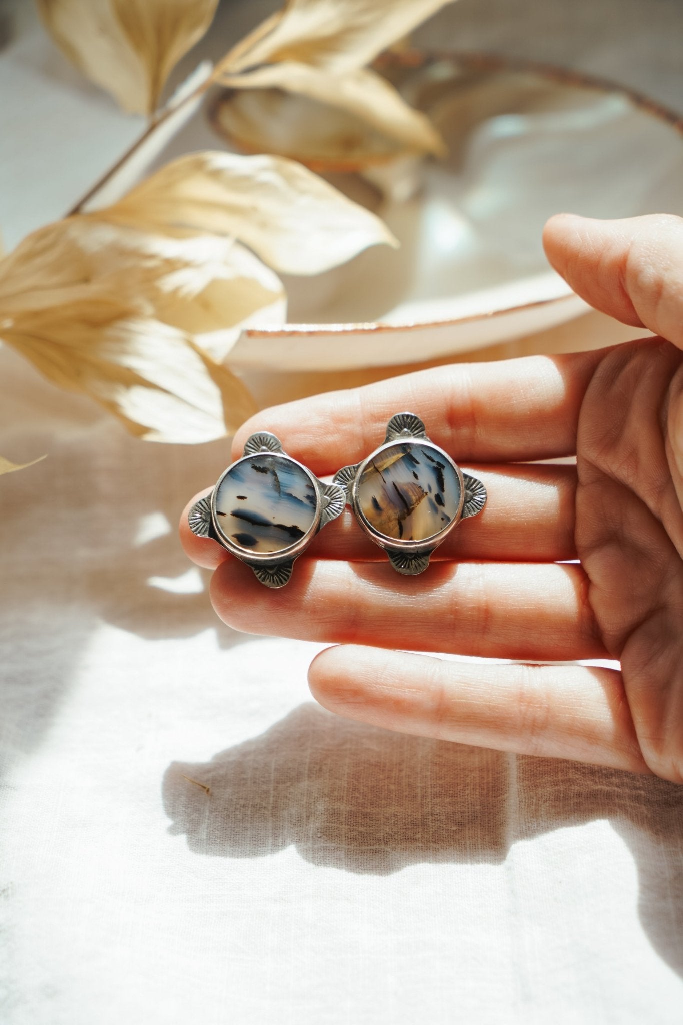 The Floret Earrings in Montana Agate - Golden Road Crafted