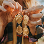 The Golden Peacock Earrings in Brass + Coral w/ 14k Gold - fill Ear Wire - Golden Road Crafted