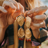 The Golden Peacock Earrings in Brass + Coral w/ 14k Gold - fill Ear Wire - Golden Road Crafted