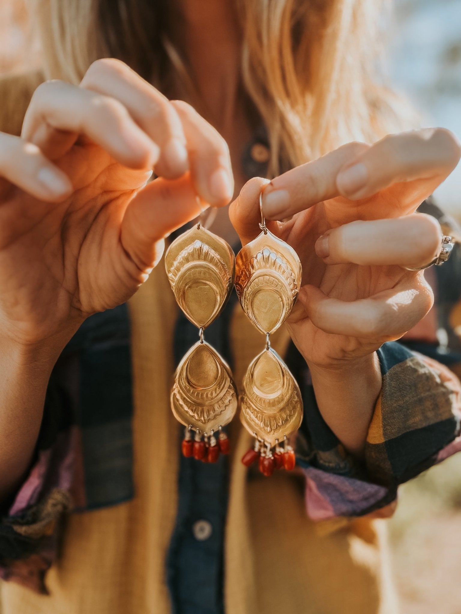 The Golden Peacock Earrings in Brass + Coral w/ 14k Gold - fill Ear Wire - Golden Road Crafted