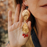The Golden Peacock Earrings in Brass + Coral w/ 14k Gold - fill Ear Wire - Golden Road Crafted