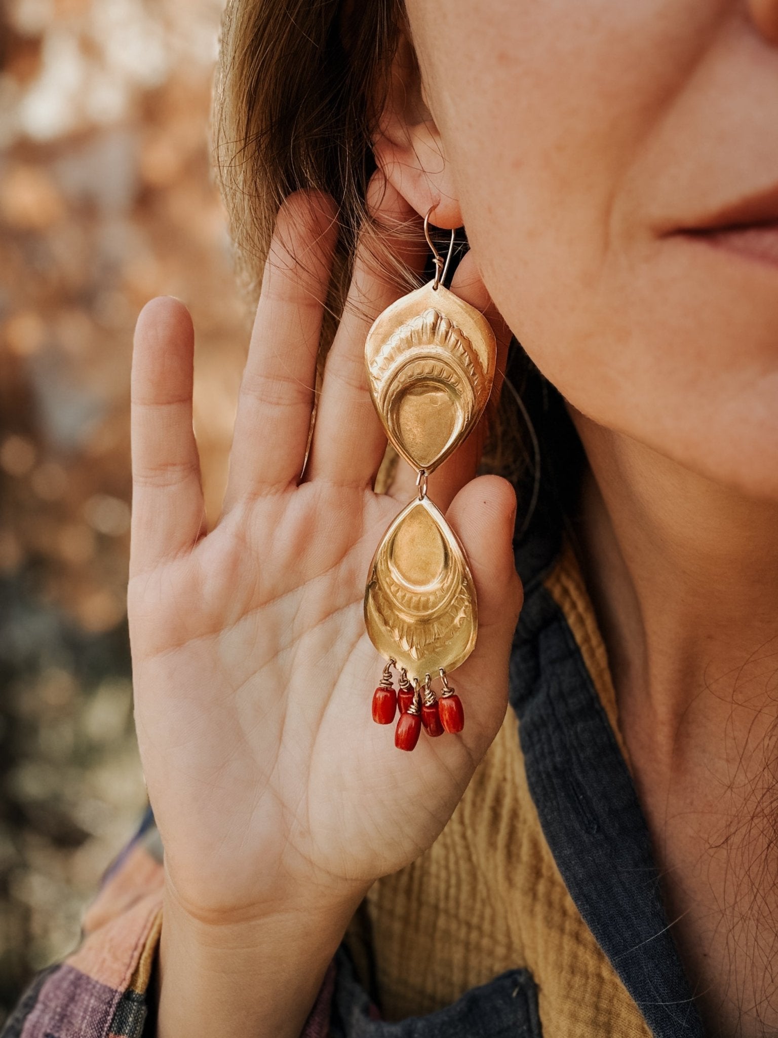 The Golden Peacock Earrings in Brass + Coral w/ 14k Gold - fill Ear Wire - Golden Road Crafted