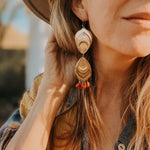 The Golden Peacock Earrings in Brass + Coral w/ 14k Gold - fill Ear Wire - Golden Road Crafted