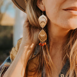 The Golden Peacock Earrings in Brass + Coral w/ 14k Gold - fill Ear Wire - Golden Road Crafted