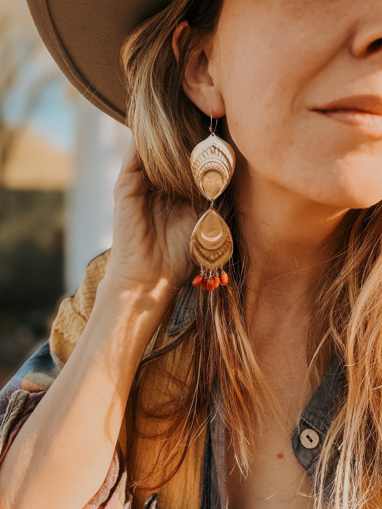 The Golden Peacock Earrings in Brass + Coral w/ 14k Gold - fill Ear Wire - Golden Road Crafted