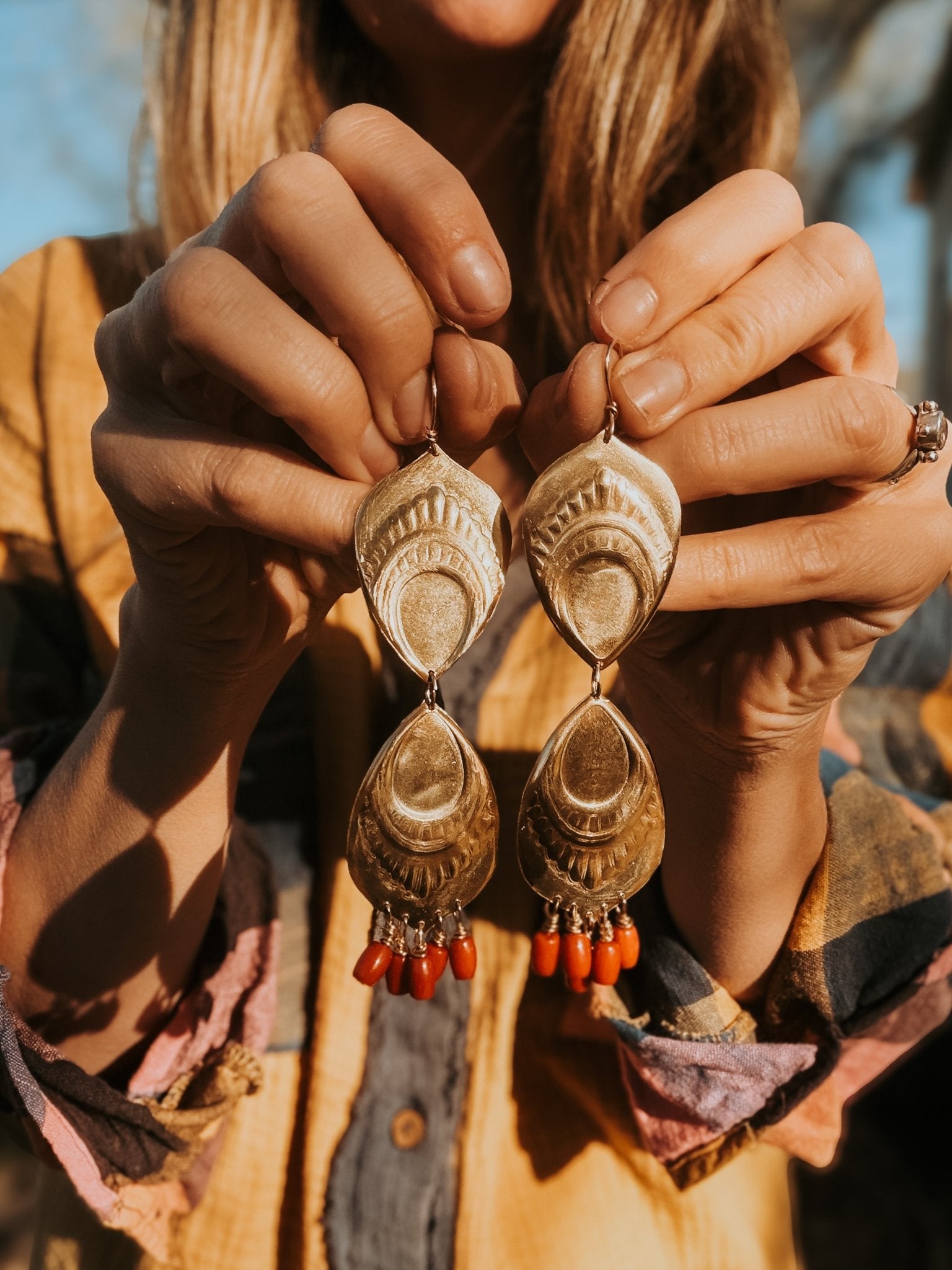The Golden Peacock Earrings in Brass + Coral w/ 14k Gold - fill Ear Wire - Golden Road Crafted
