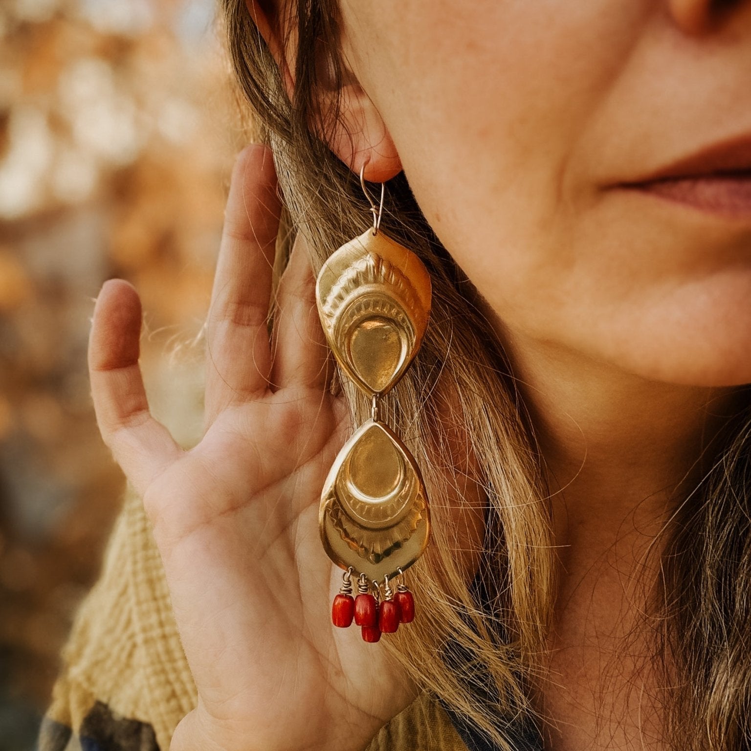 The Golden Peacock Earrings in Brass + Coral w/ 14k Gold - fill Ear Wire - Golden Road Crafted