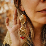 The Golden Peacock Earrings in Brass + Coral w/ 14k Gold - fill Ear Wire - Golden Road Crafted